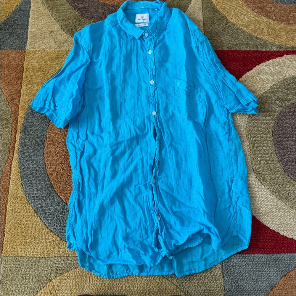 Serge Blanco Designed in France 100% Linen Blue Button Down Shirt XL Runs Small